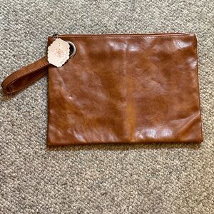 Elegant Tan Leather Oversized Wristlet Clutch